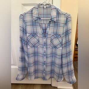 Express light blue, white, and red plaid sheer Portofino Shirt size M